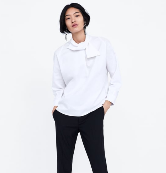 Zara Tie Collar Shirt - White - Picture 1 of 2